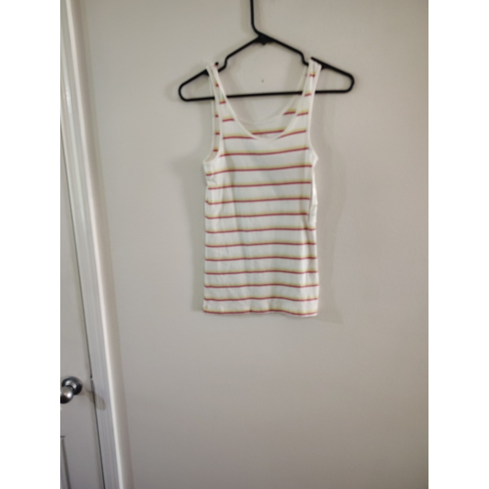 A New Day Womens Striped Tank Top White Pink Yellow XS Ribbed Scoop Neck